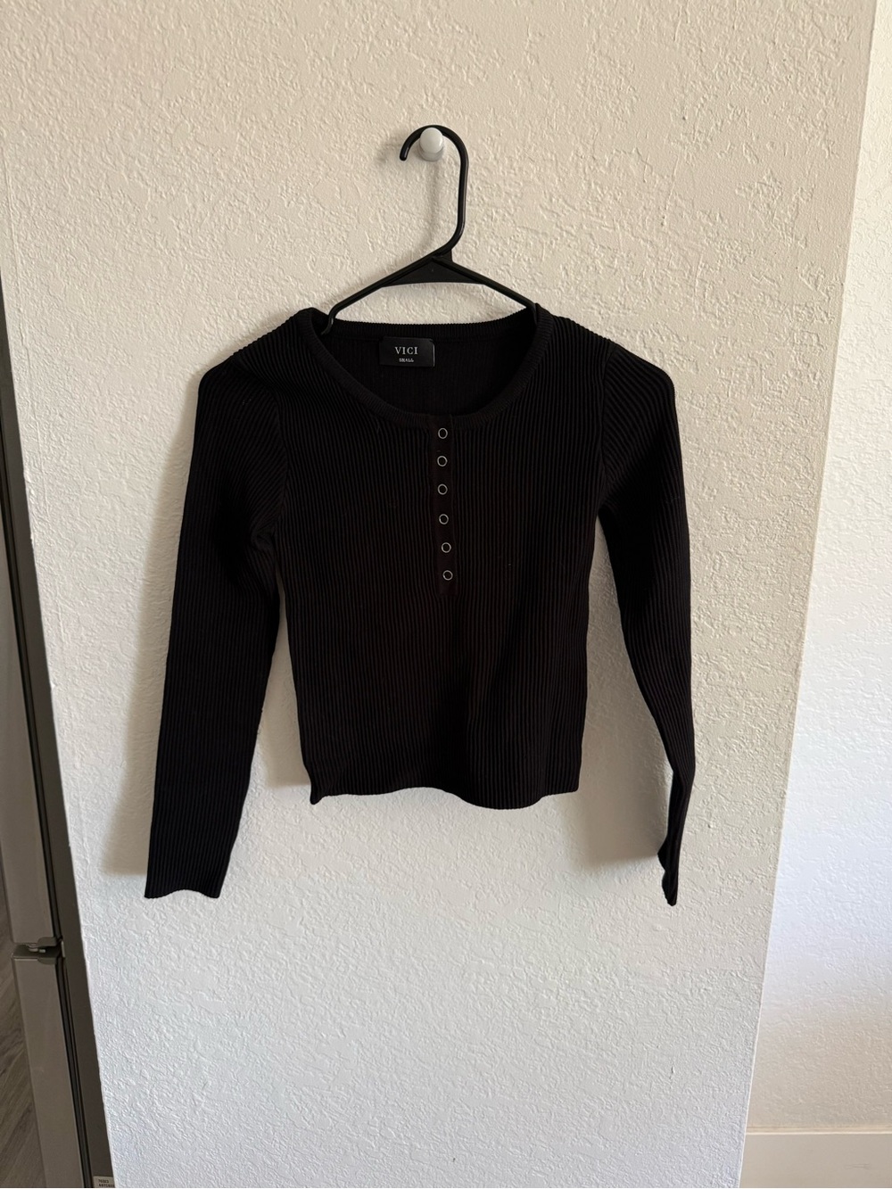 VICI Black Ribbed Long Sleeve Henley Top